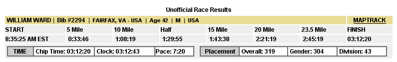Bill Ward, runner 2294, Race Time in the Marine Corp Marathon 2006